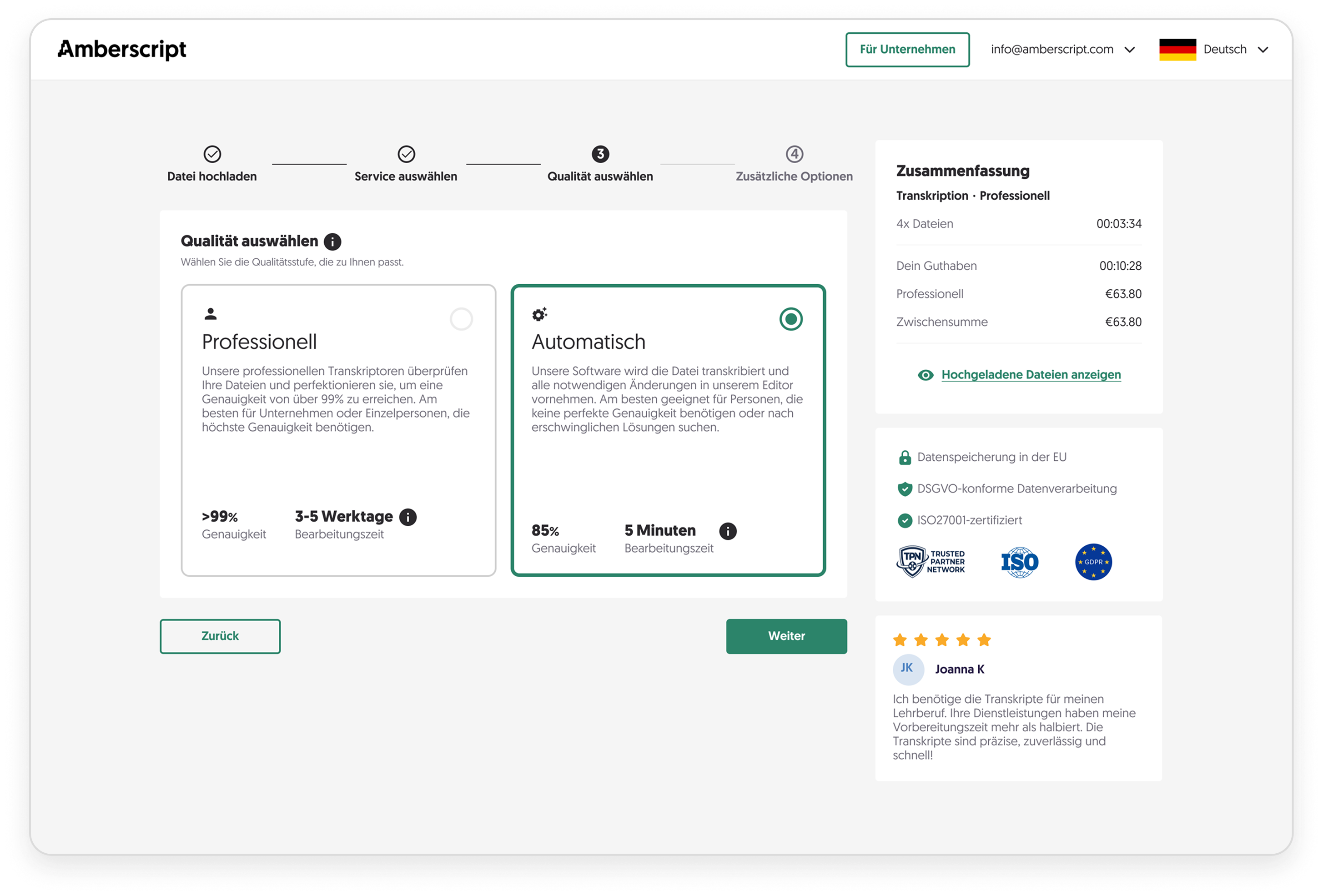 Screenshot of the Amberscript application interface