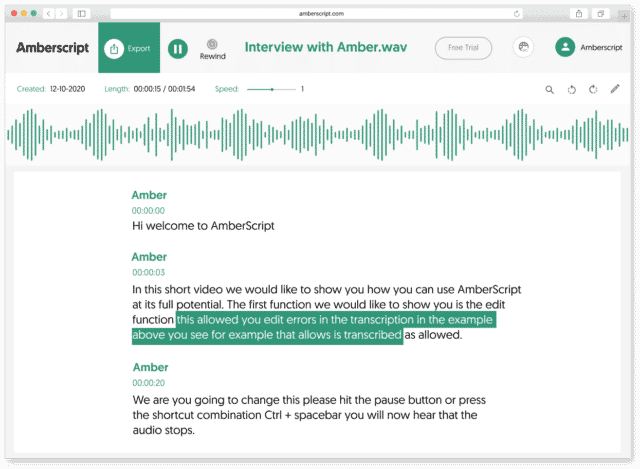 Amberscript online editor for MP4 to text