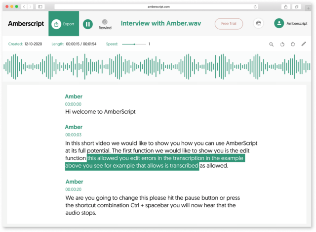 Amberscript MP4 to text screen shot of the online tool and how it works