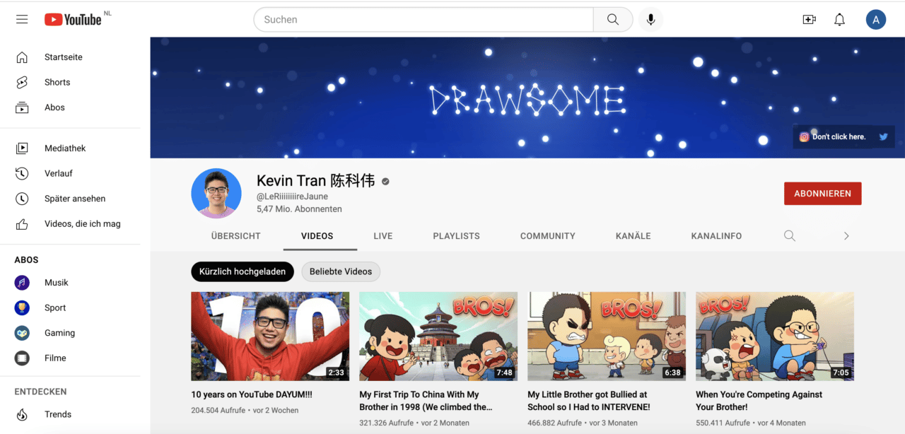 Screenshot des YouTube Kanals von Kevin Tran